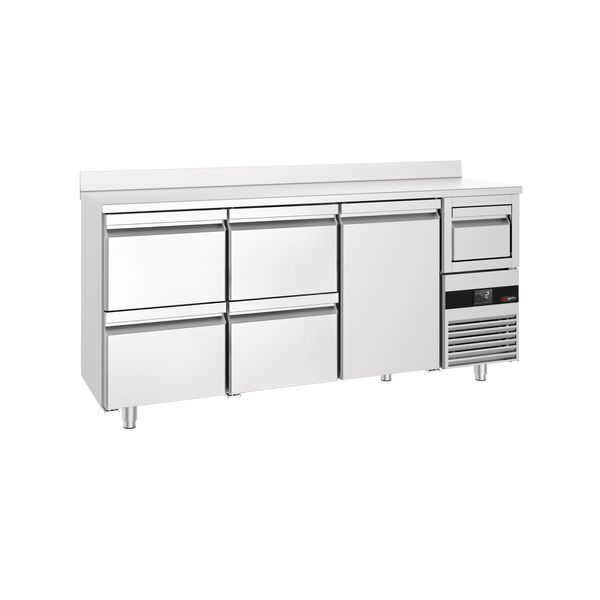Bar- & Getränkekühltisch PREMIUM - 2130x600mm - mit 1 Tür, 4 Schubladen, Aufkantung & Ausklopfer für Kaffee