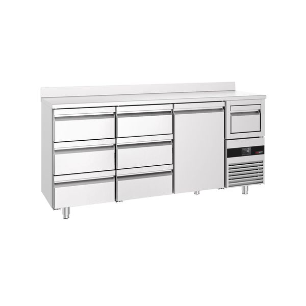 Bar- & Getränkekühltisch PREMIUM - 2130x600mm - mit 1 Tür, 6 Schubladen, Aufkantung & Ausklopfer für Kaffee