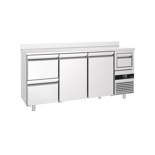 Bar- & Getränkekühltisch PREMIUM - 2130x600mm - mit 2 Türen, 2 Schubladen, Aufkantung & Ausklopfer für Kaffee