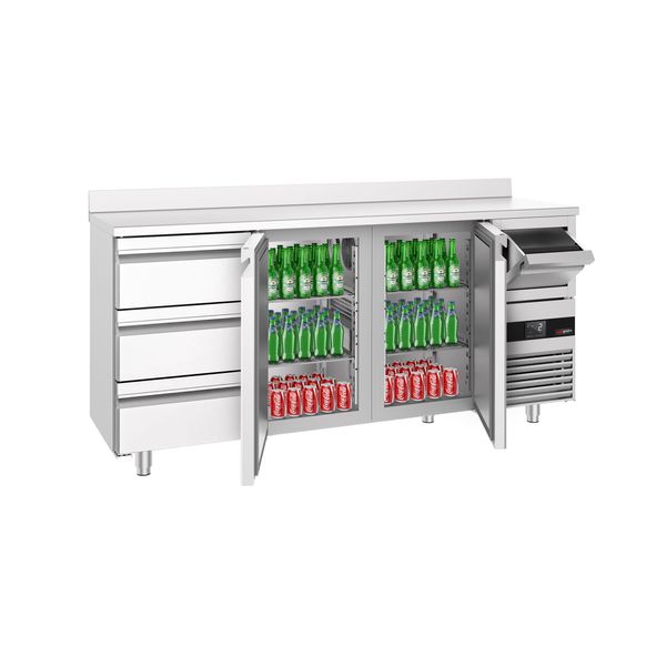 Bar- & Getränkekühltisch PREMIUM - 2130x600mm - mit 2 Türen, 3 Schubladen, Aufkantung & Ausklopfer für Kaffee