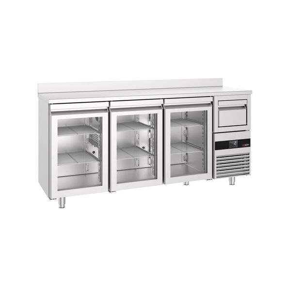 Bar- & Getränkekühltisch PREMIUM - 2130x600mm - mit 3 Glastüren, Aufkantung & Ausklopfer für Kaffee