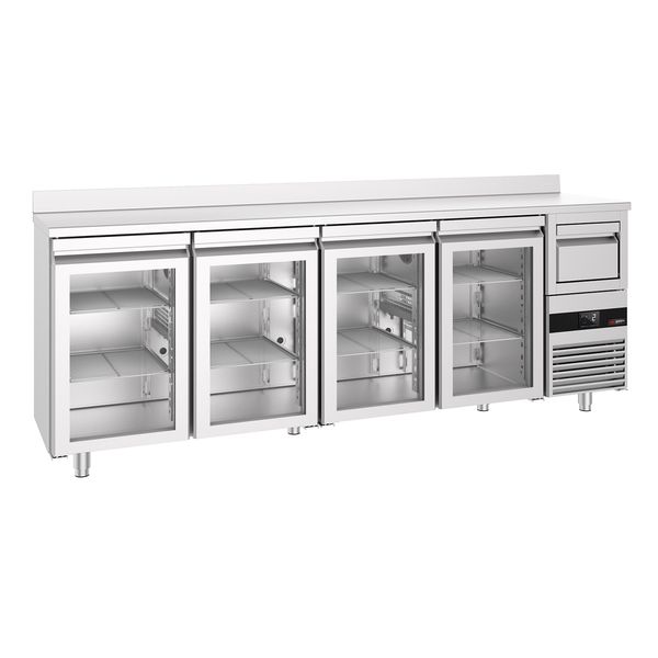 Bar- & Getränkekühltisch PREMIUM - 2690x600mm - mit 4 Glastüren, Aufkantung & Ausklopfer für Kaffee