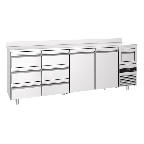 Bar- & Getränkekühltisch PREMIUM - 2690x600mm - mit 2 Türen, 6 Schubladen, Aufkantung & Ausklopfer für Kaffee
