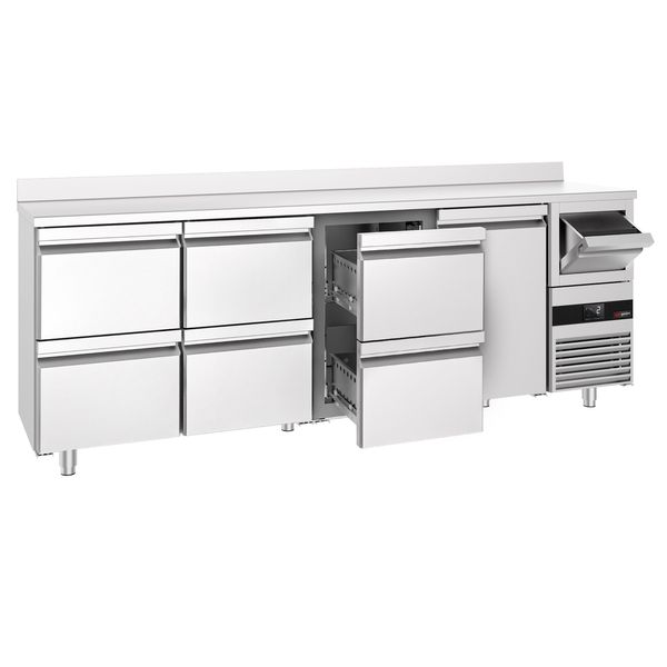 Bar- & Getränkekühltisch PREMIUM - 2690x600mm - mit 1 Tür, 6 Schubladen, Aufkantung & Ausklopfer für Kaffee