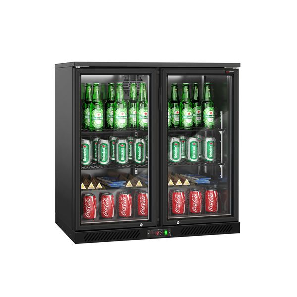 Barkühlschrank - 900mm - 220 Liter - mit 2 Glasflügeltüren - Außen & Innen Schwarz