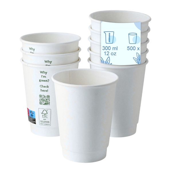 (500 Stück) Coffee to go Pappbecher - doppelwandig - 300ml - Ø 90mm - Weiß