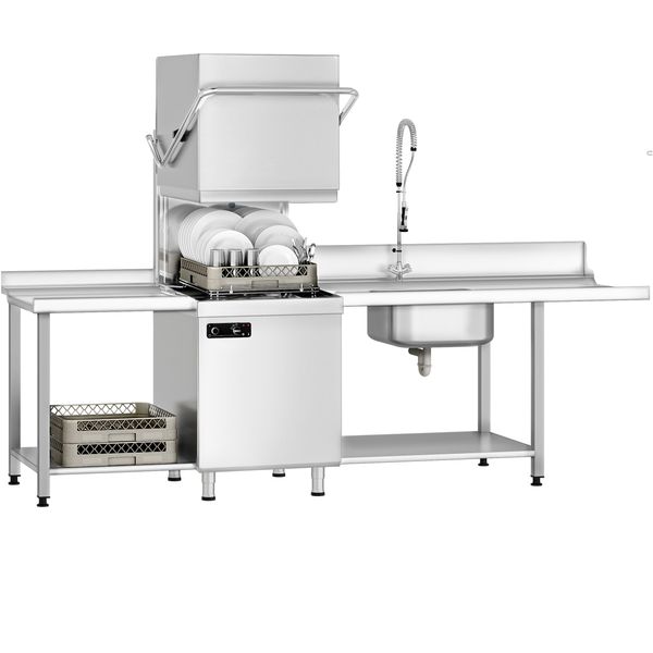 Durchschubspülmaschine - Manuell - 6,52 kW - inkl. Zulauftisch rechts & Auslauftisch links - mit Reiniger- & Klarspülerpumpe