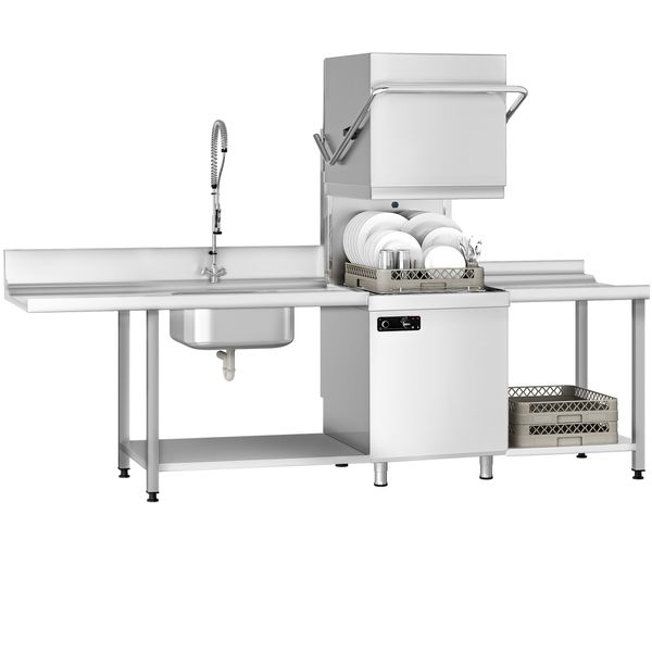 Durchschubspülmaschine - Manuell - 6,52 kW - inkl. Zulauftisch links & Auslauftisch rechts - mit Reiniger-, Klarspüler- & Laugenpumpe