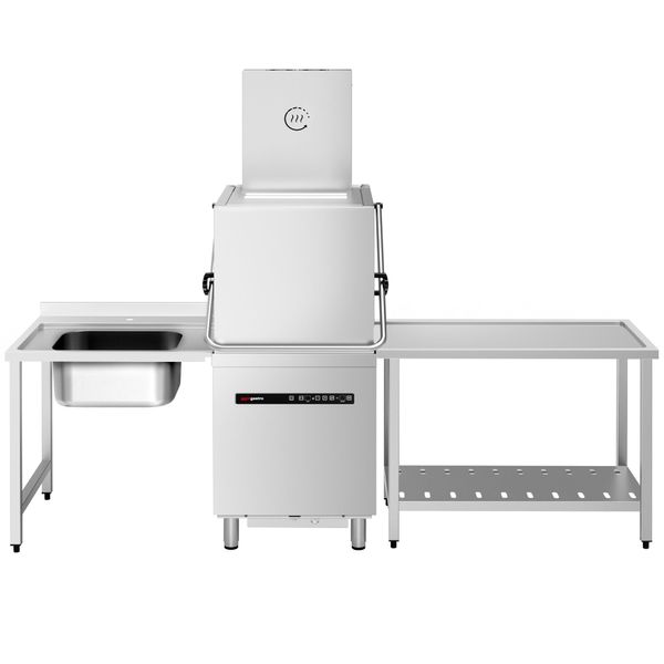 Durchschubspülmaschine - Digital - 8,7 kW - mit Wärmerückgewinnung, Reiniger-, Klarspüler- & Laugenpumpe - inkl. Zulauftisch links & Ablauftisch rechts