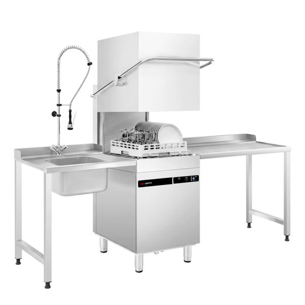 Durchschubspülmaschine - Touch - 9,66 kW - inkl. Zulauftisch links & Auslauftisch rechts - mit Reiniger-, Klarspüler- & Laugenpumpe
