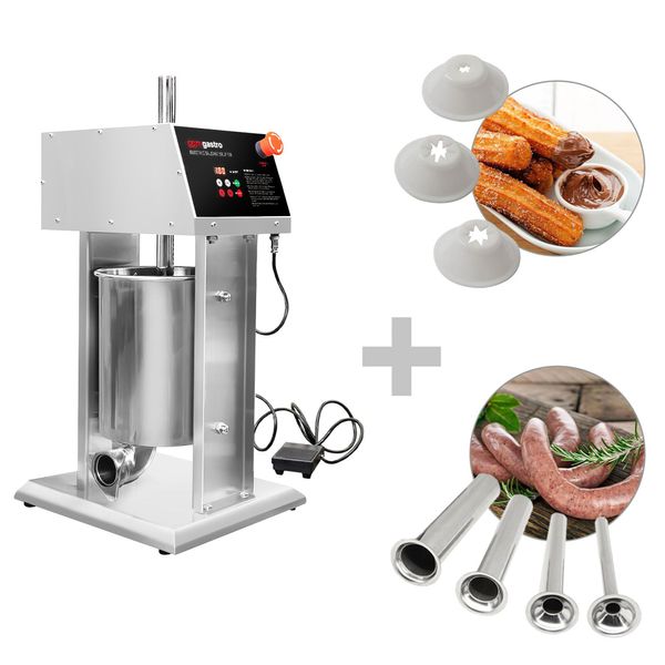 Elektrischer Wurstfüller & Churro-Maschine - 10 Liter - 90 Watt - Edelstahl - inkl. 4 Wurstfüller- & 3 Churro-Füllrohre