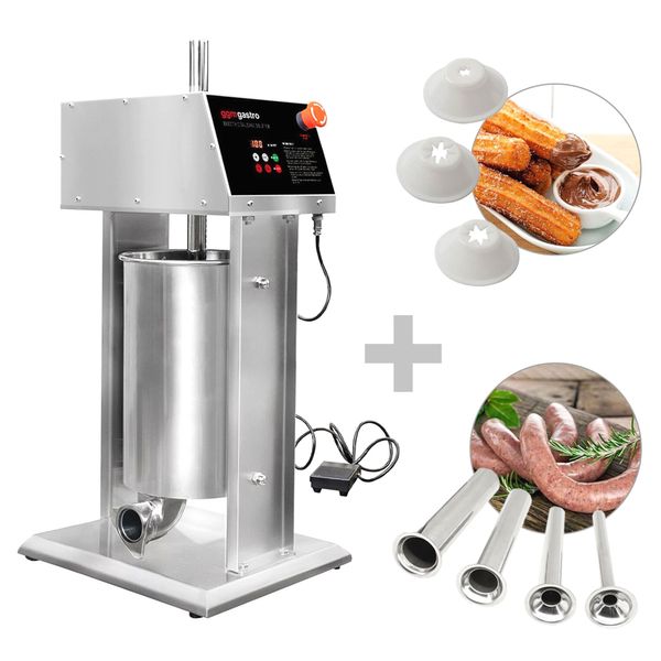 Elektrischer Wurstfüller & Churro-Maschine - 15 Liter - 90 Watt - Edelstahl - inkl. 4 Wurstfüller- & 3 Churro-Füllrohre
