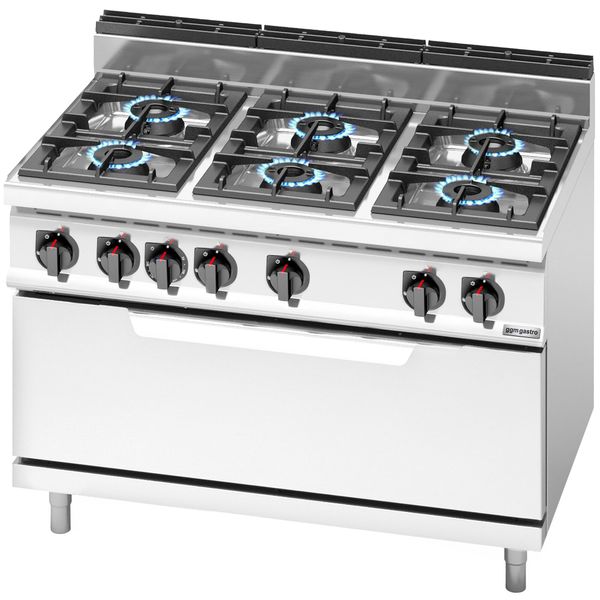 Gasherd - 42 kW - 6 Brenner - inkl. Gasbackofen Statisch - 12 kW - Hochleistungsmodell