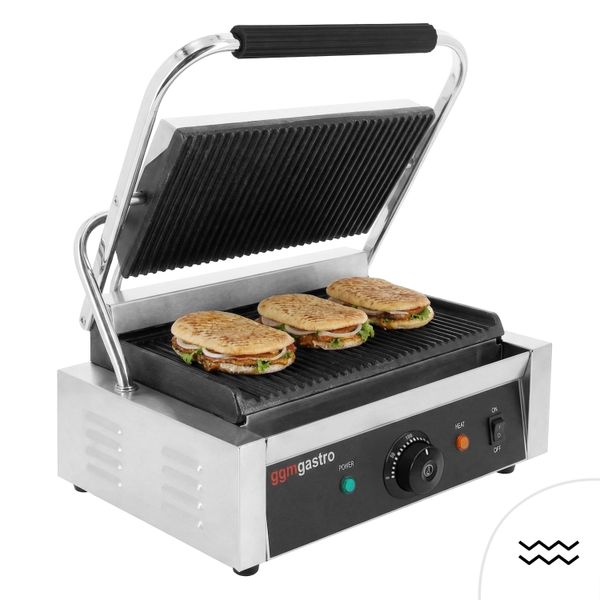 Kontaktgrill / Hamburger Grill - 3 kW - oben & unten Gerillt - Grillfläche: 340x230mm