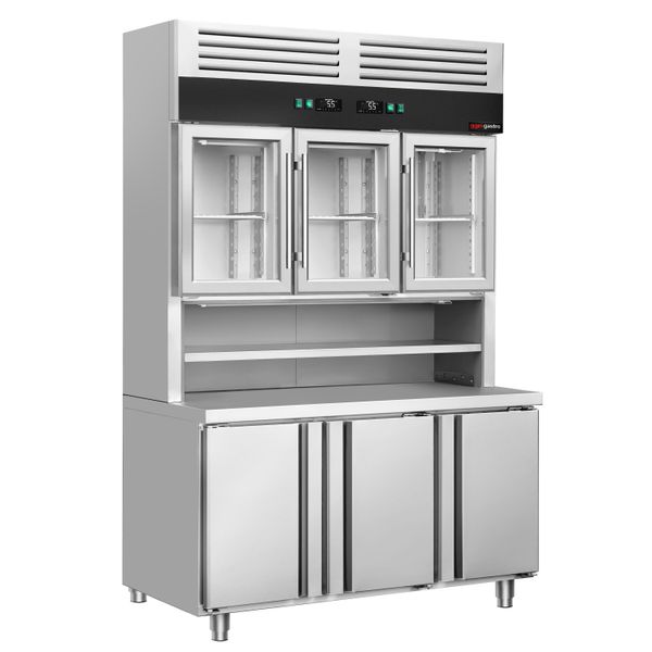 Kühltisch mit Wandkühlregal  - 1350x800mm - 3 Glastüren oben, 3 Türen unten - Arbeitsfläche