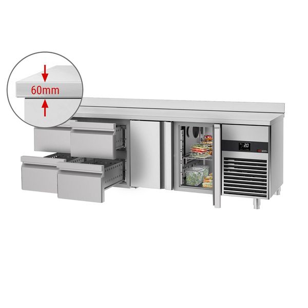 Kühltisch PREMIUM - 2330x700mm - mit 2 Türen - 4 Schubladen - mit Aufkantung