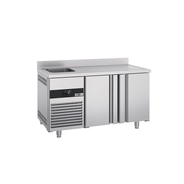 Kühltisch PREMIUM - 1430x700mm - mit 2 Türen, 1 Becken links - Aufkantung