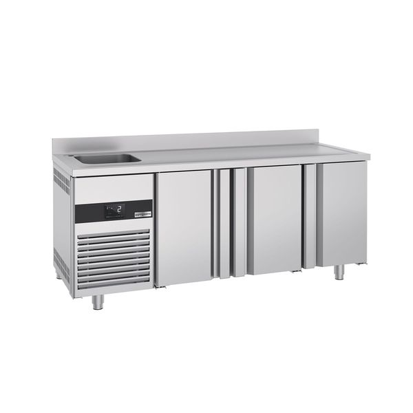 Kühltisch PREMIUM - 1900x700mm - mit 3 Türen, 1 Becken links - Aufkantung