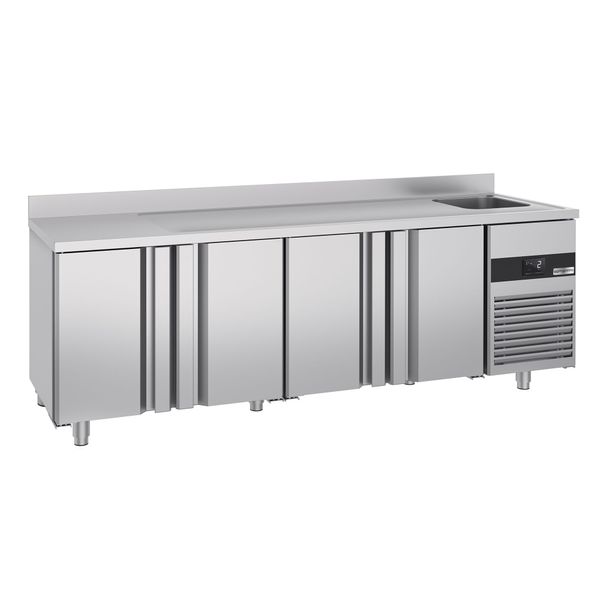 Kühltisch PREMIUM - 2360x700mm - mit 4 Türen, 1 Becken rechts - Aufkantung