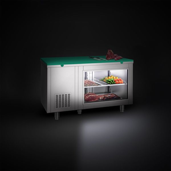 Kühltisch - 1400x700mm - rückseitig 2 Türen - mit Glasfront - inkl. Schneideplatte Grün