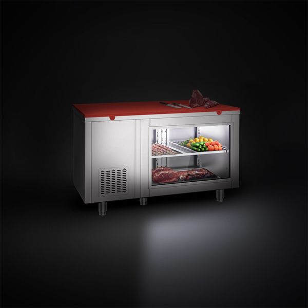 Kühltisch - 1400x700mm - rückseitig 2 Türen - mit Glasfront - inkl. Schneideplatte Rot