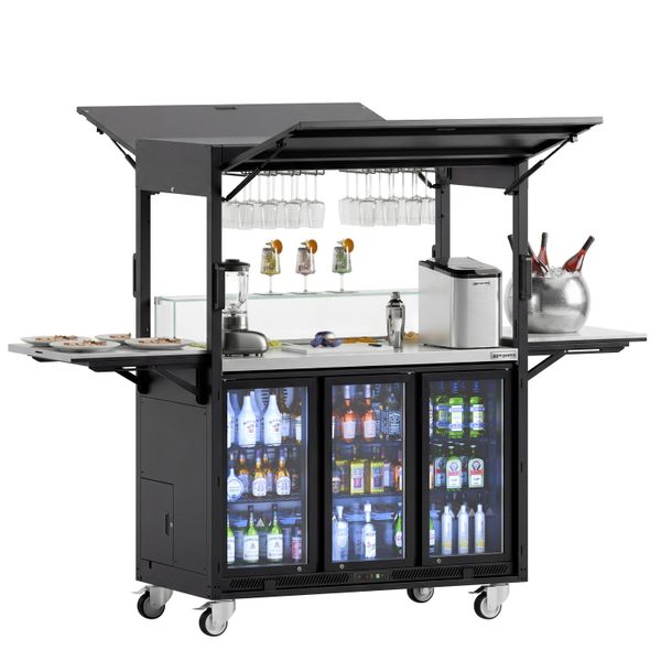 Mobile Cocktailstation - mit Barkühlschrank, Arbeitsfläche, Glasaufsatz & LED-Beleuchtung - aufklappbar