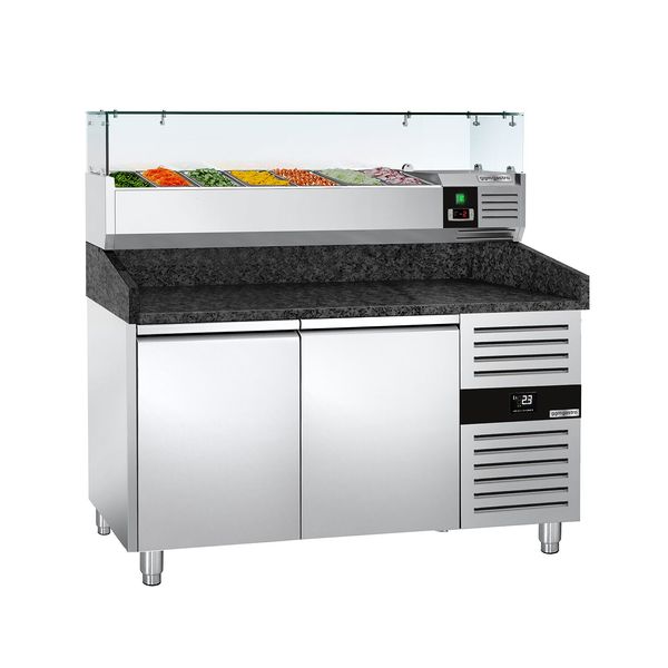 Pizzakühltisch PREMIUM - 1500x800mm - mit 2 Türen - inkl. Kühlaufsatzvitrine - 6x GN 1/3