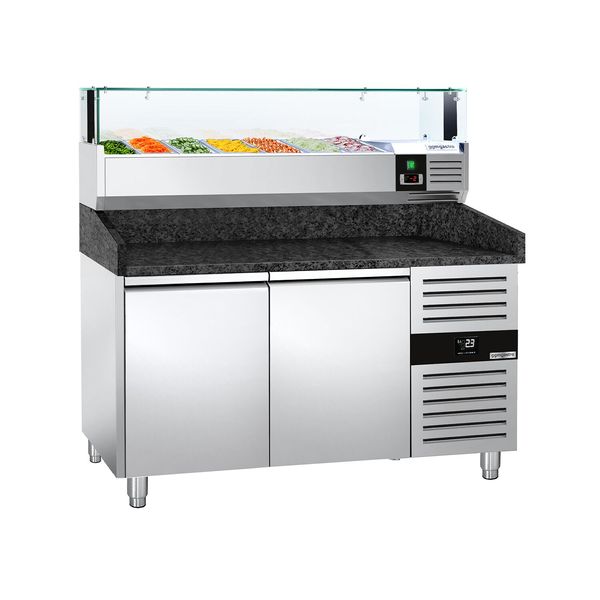 Pizzakühltisch PREMIUM - 1500x800mm - mit 2 Türen - inkl. Kühlaufsatzvitrine LED - 7x GN 1/4