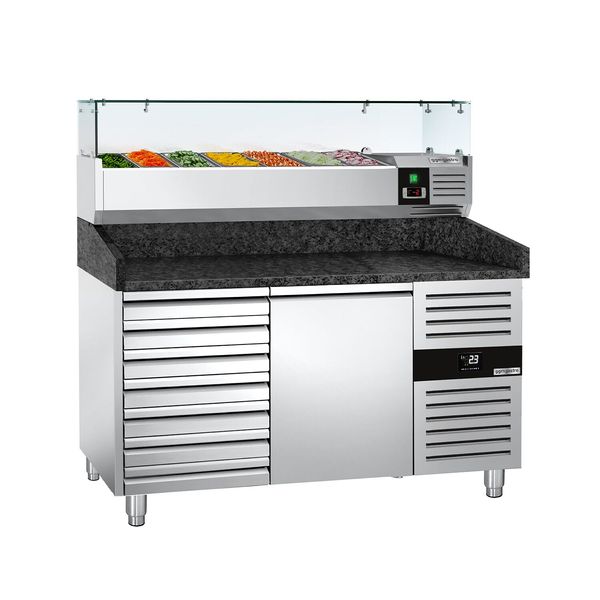 Pizzakühltisch PREMIUM - 1500x800mm - mit 1 Tür & 7 Schubladen - inkl. Kühlaufsatzvitrine - 7x GN 1/4