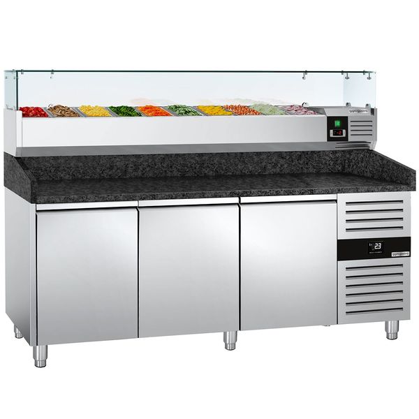 Pizzakühltisch PREMIUM - 2000x800mm - mit 3 Türen - inkl. Kühlaufsatzvitrine - 9x GN 1/3