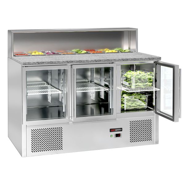 Saladette ECO - 1370mm - 3 Glastüren - mit Edelstahlaufsatz für 8x GN 1/6