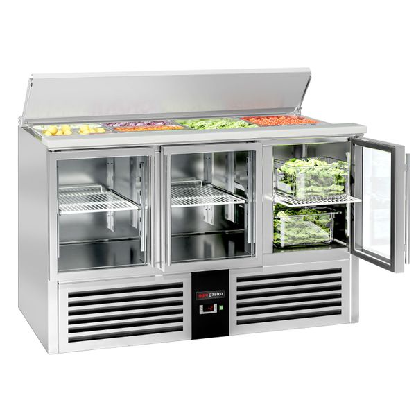 Saladette PREMIUM - 1370mm - 3 Glastüren - mit Einlass für 4x GN 1/1 & Edelstahldeckel