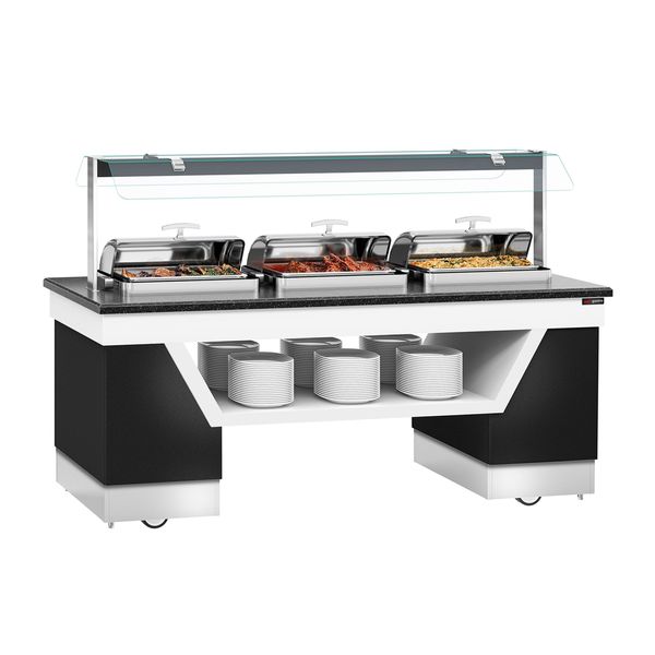 Buffettheke warm BELFAST - 2300mm - mit 3 Chafing Dishes & Rollen