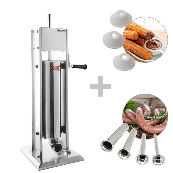 Manueller Wurstfüller & Churro-Maschine  - 3 Liter - Edelstahl - inkl. 4 Wurstfüller- & 3 Churro-Füllrohre