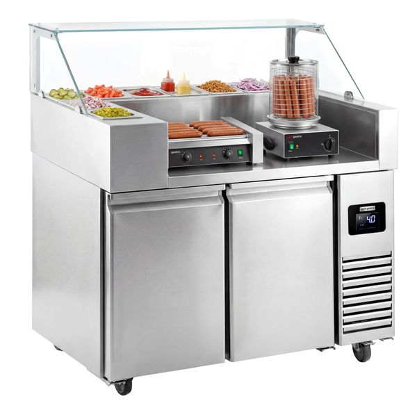 Zubereitungstisch - 1210mm - 2 Türen - für 9x GN 1/6 - inkl. Würstchengrill & -wärmer