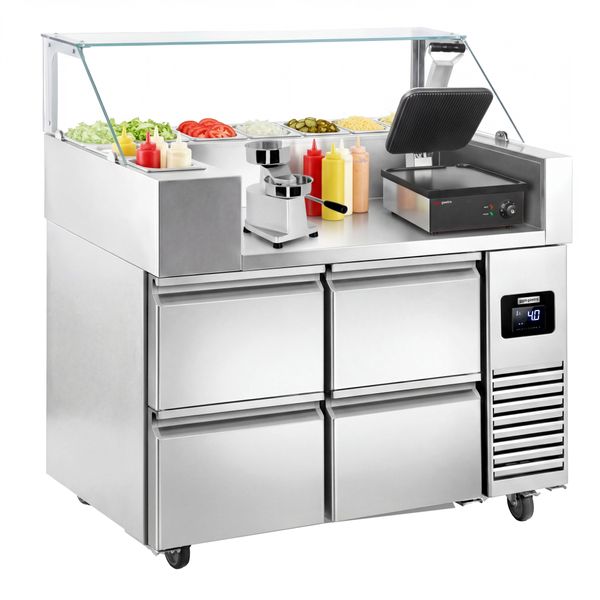 Zubereitungstisch - 1210mm - 4 Schubladen - für 9x GN 1/6 - inkl. Kontaktgrill & Hamburgermaschine