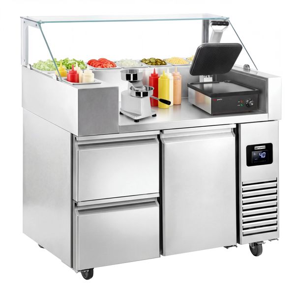 Zubereitungstisch - 1210mm - 1 Tür & 2 Schubladen - für 9x GN 1/6 - inkl. Kontaktgrill & Hamburgermaschine