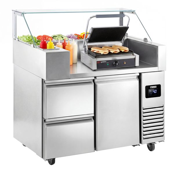 Zubereitungstisch - 1210mm - 1 Tür & 2 Schubladen - für 9x GN 1/6 - inkl. Kontaktgrill