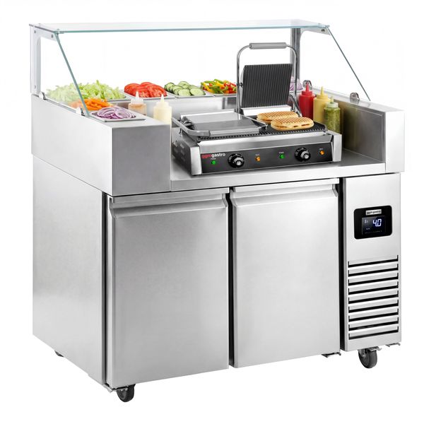 Zubereitungstisch - 1210mm - 2 Türen - für 9x GN 1/6 - inkl. Kontaktgrill