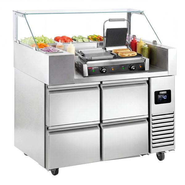 Zubereitungstisch - 1210mm - 4 Schubladen - für 9x GN 1/6 - inkl. Kontaktgrill