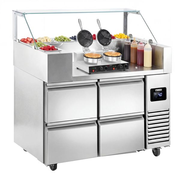 Zubereitungstisch - 1210mm - 4 Schubladen - für 9x GN 1/6 - inkl. Waffeleisen - Herzform