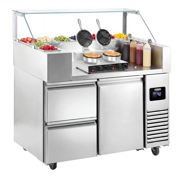 Zubereitungstisch - 1210mm - 1 Tür & 2 Schubladen - für 9x GN 1/6 - inkl. Waffeleisen - Herzform