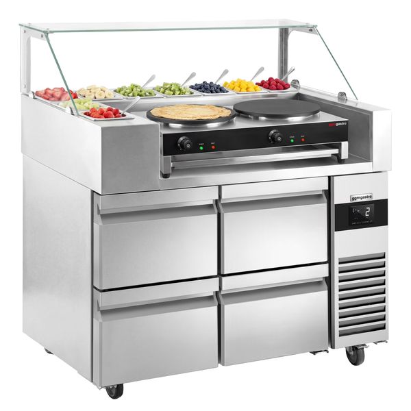 Zubereitungstisch - 1210mm - 4 Schubladen - für 9x 1/6 GN-Behälte - inkl. Crêpes-Gerät mit 2 Platten