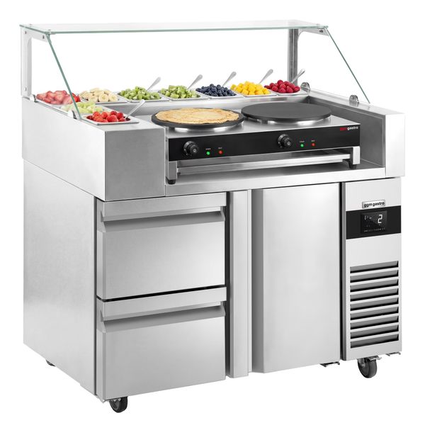 Zubereitungstisch - 1210mm - 1 Tür & 2 Schubladen - für 9x GN 1/6 Behälter - inkl. Crêpes-Gerät mit 2 Platten
