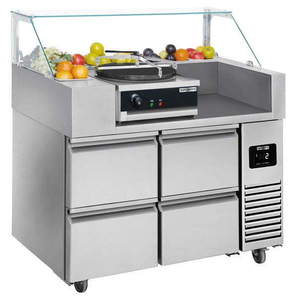 Zubereitungstisch - 1210mm - 4 Schubladen - für 9x 1/6 GN-Behälte - inkl. Crêpes-Gerät & Teigverteiler