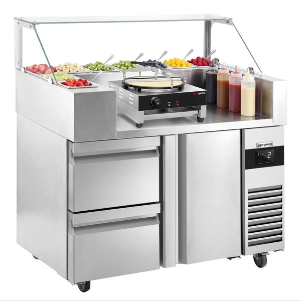 Zubereitungstisch - 1210mm - 1 Tür & 2 Schubladen - für 9x GN 1/6 Behälter - inkl. Crêpes-Gerät & Teigverteiler