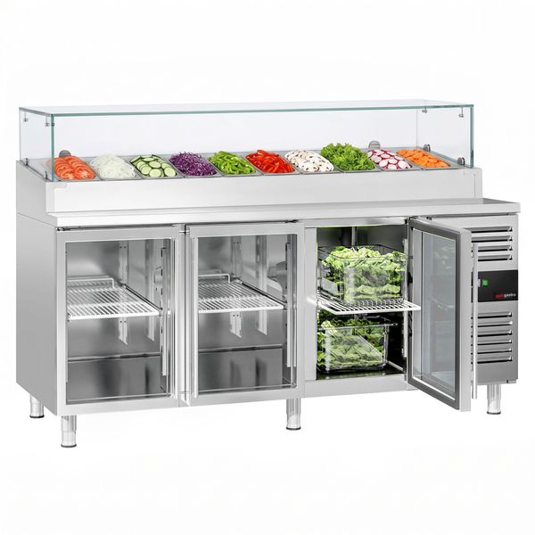 Zubereitungstisch PREMIUM - 2020mm - 3 Glastüren - mit Glasaufsatz - für 10x GN 1/3