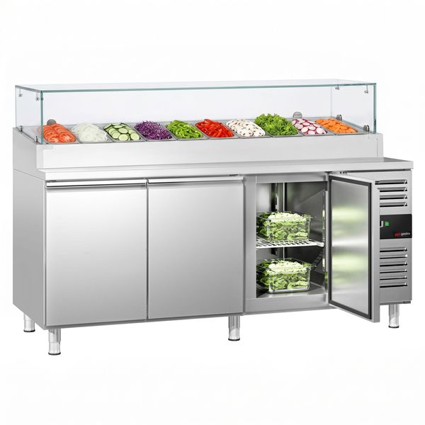 Zubereitungstisch PREMIUM - 2020mm - 3 Türen - mit Glasaufsatz - für 10x GN 1/3