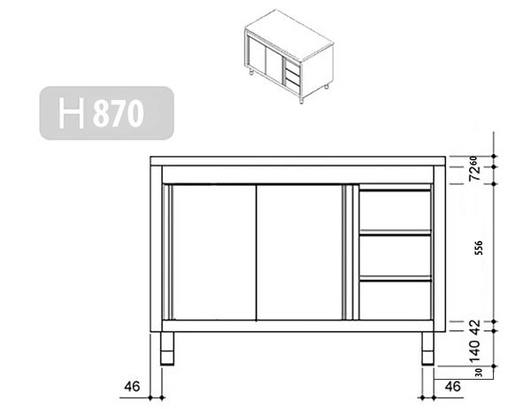 ASK146R3 Arbeitsschrank PREMIUM 1,4 m mit 3 Schubladen rechts 