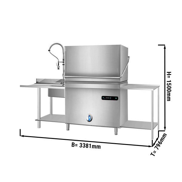 tabak Celsius krekel Vaatwasser met dubbele afzuigkap (22,2 kW) - incl. Afvoerpomp en ontkalker  + inlaat- / uitlaattafel (dubbelwandig) | GGM Gastro